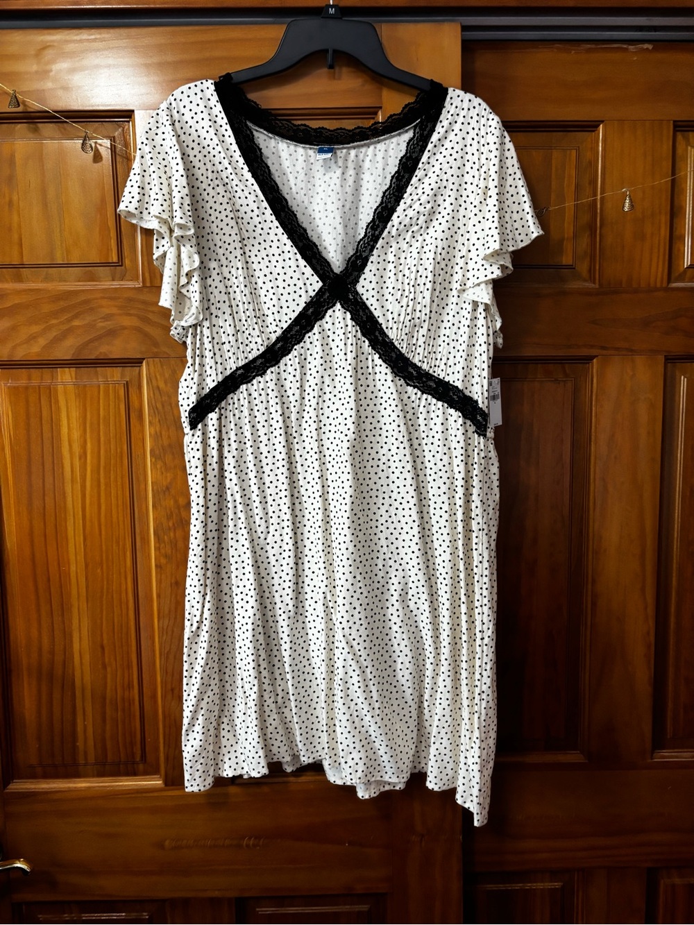 Old Navy White Polka Dot Dress with Black Lace Trim